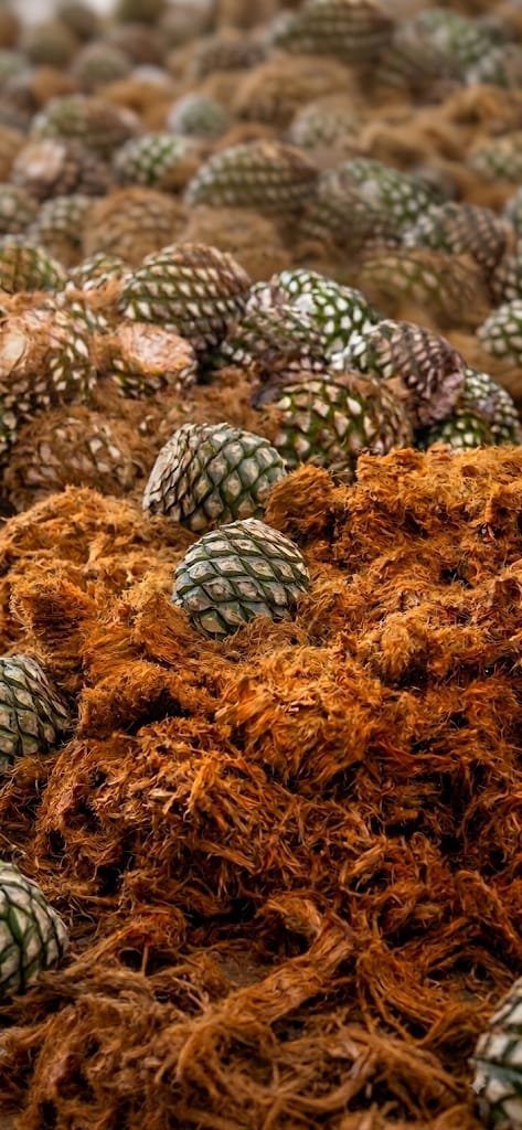 Piñas de agave azul recién cortadas sobre montones de bagazo de agave en el Valle del Tequila, Jalisco