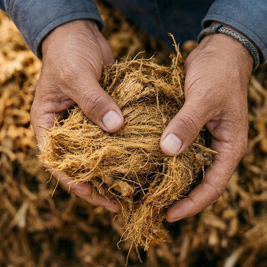 Manos sosteniendo fibra de agave recuperada del bagazo